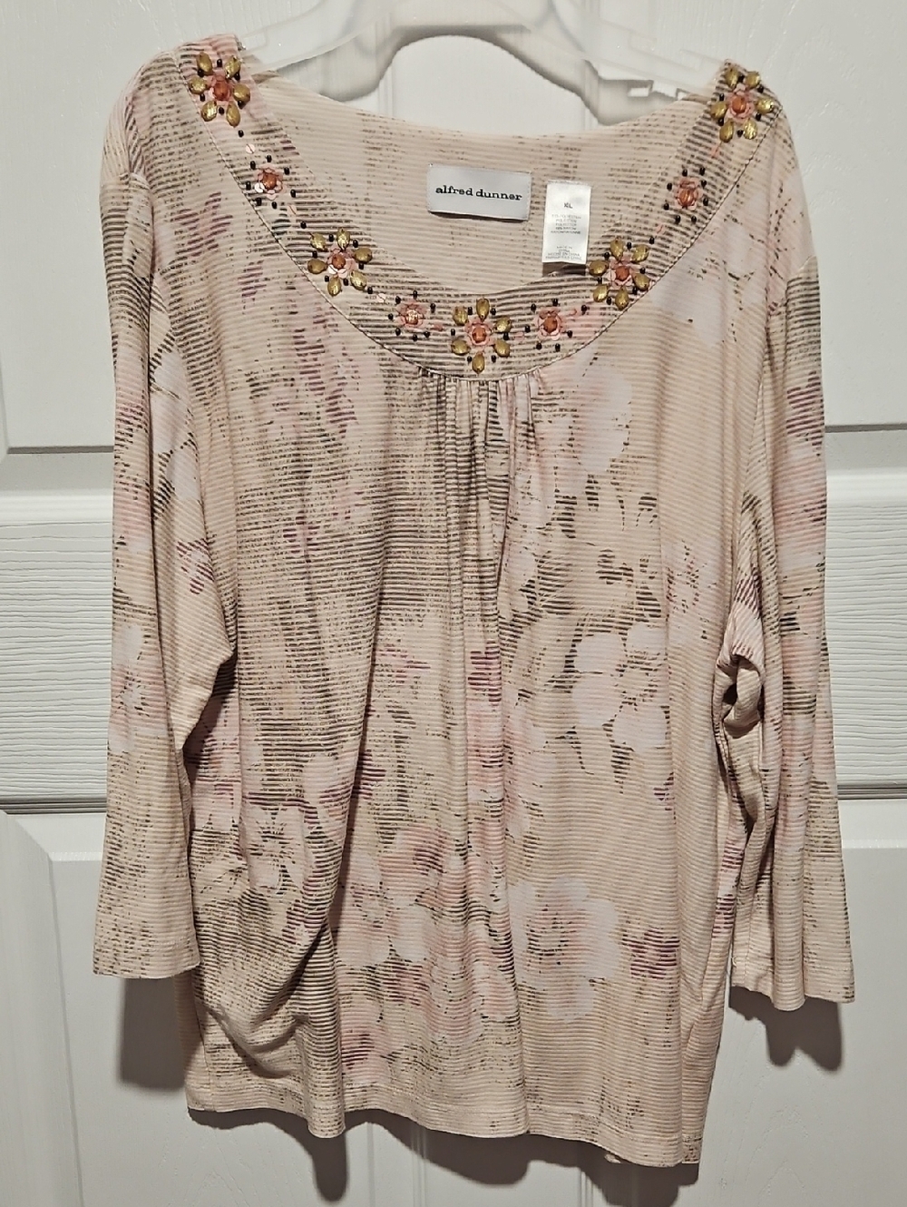 Alfred Dunner Blush Floral Embellished Scoop Neck Long Sleeve Top